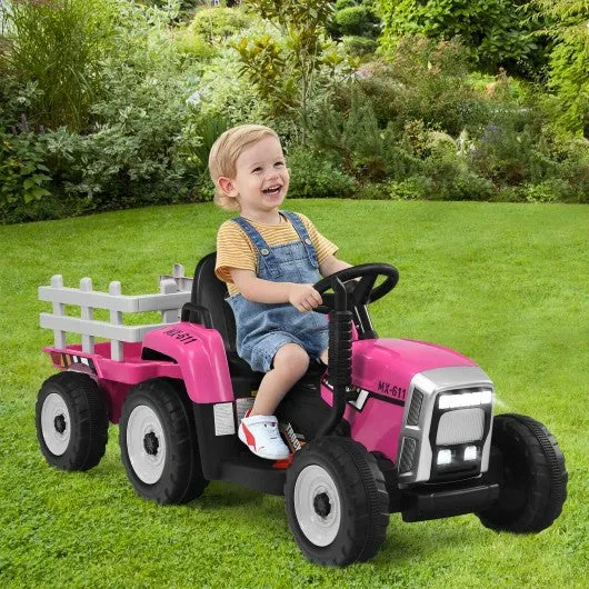 12V Kids Ride On Tractor with Trailer Ground Loader-Pink