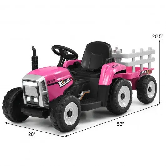 12V Kids Ride On Tractor with Trailer Ground Loader-Pink