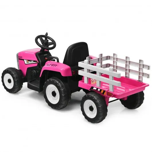 12V Kids Ride On Tractor with Trailer Ground Loader-Pink