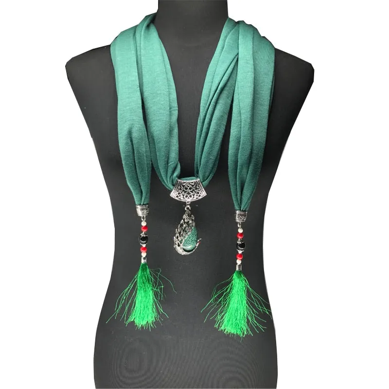 2017 Nature Stone pendant necklace Scarf Pendant Necklace  Fringe tassel Scarf Jewelry With beads Ethnic Jewelry