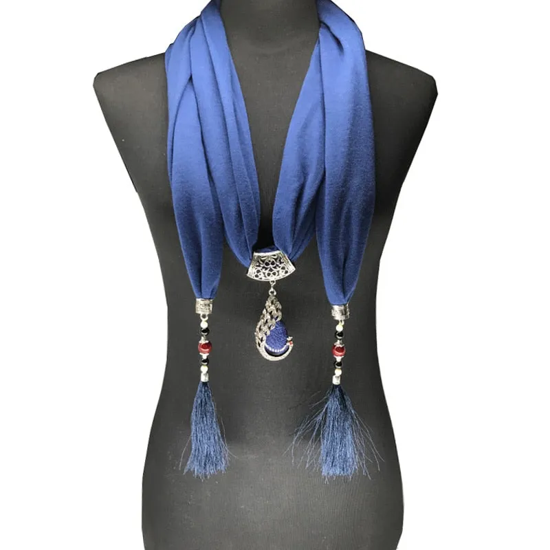 2017 Nature Stone pendant necklace Scarf Pendant Necklace  Fringe tassel Scarf Jewelry With beads Ethnic Jewelry