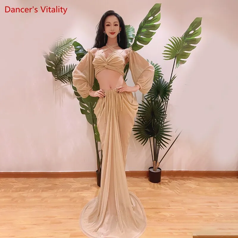 Belly Dance Practice Clothes Female Oriental Dance Top sleeves long Skirt 3pcs for Women Belly Dancing Outfit Bellydance Set