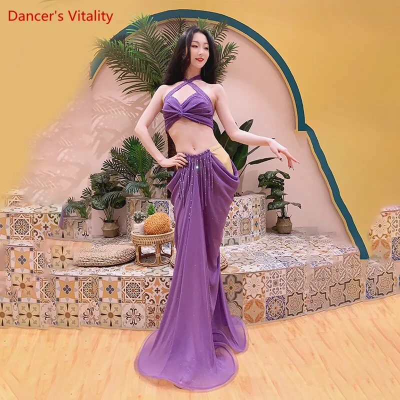 Belly Dance Practice Clothes Female Oriental Dance Top sleeves long Skirt 3pcs for Women Belly Dancing Outfit Bellydance Set