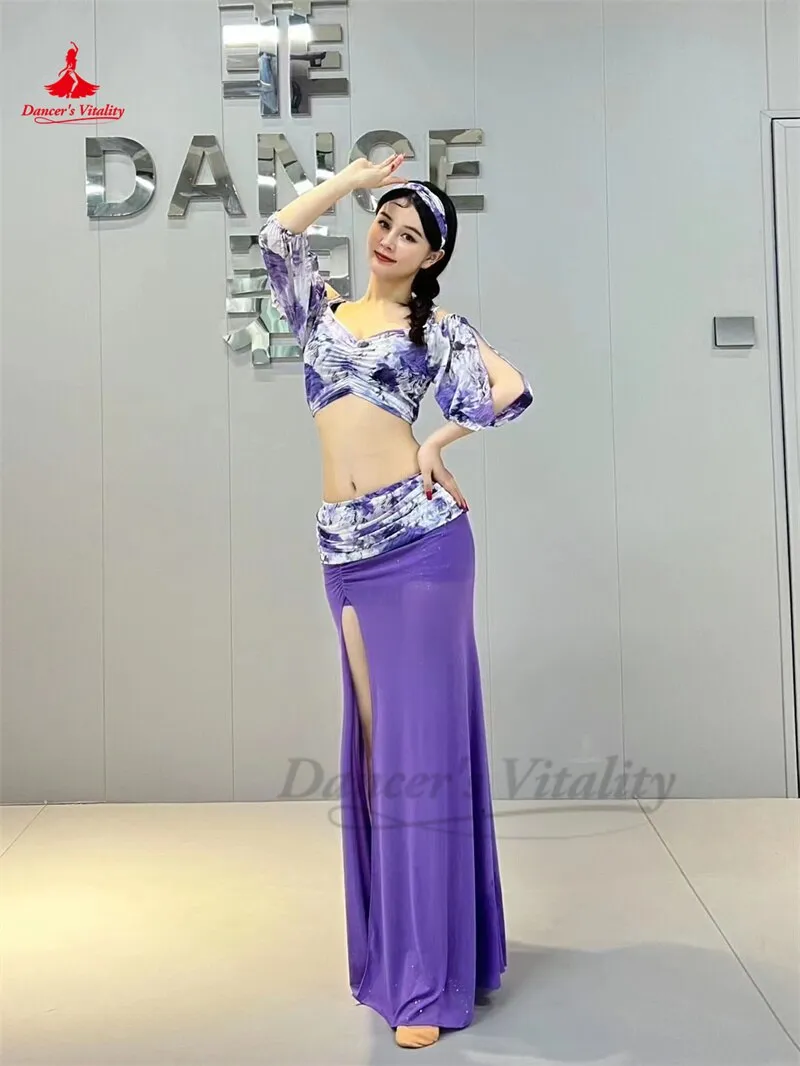 Belly Dance Practice Clothes Suit Mesh Printing Half Sleeves Top long Skirt 2pcs for Women Belly Dancing Training Suit