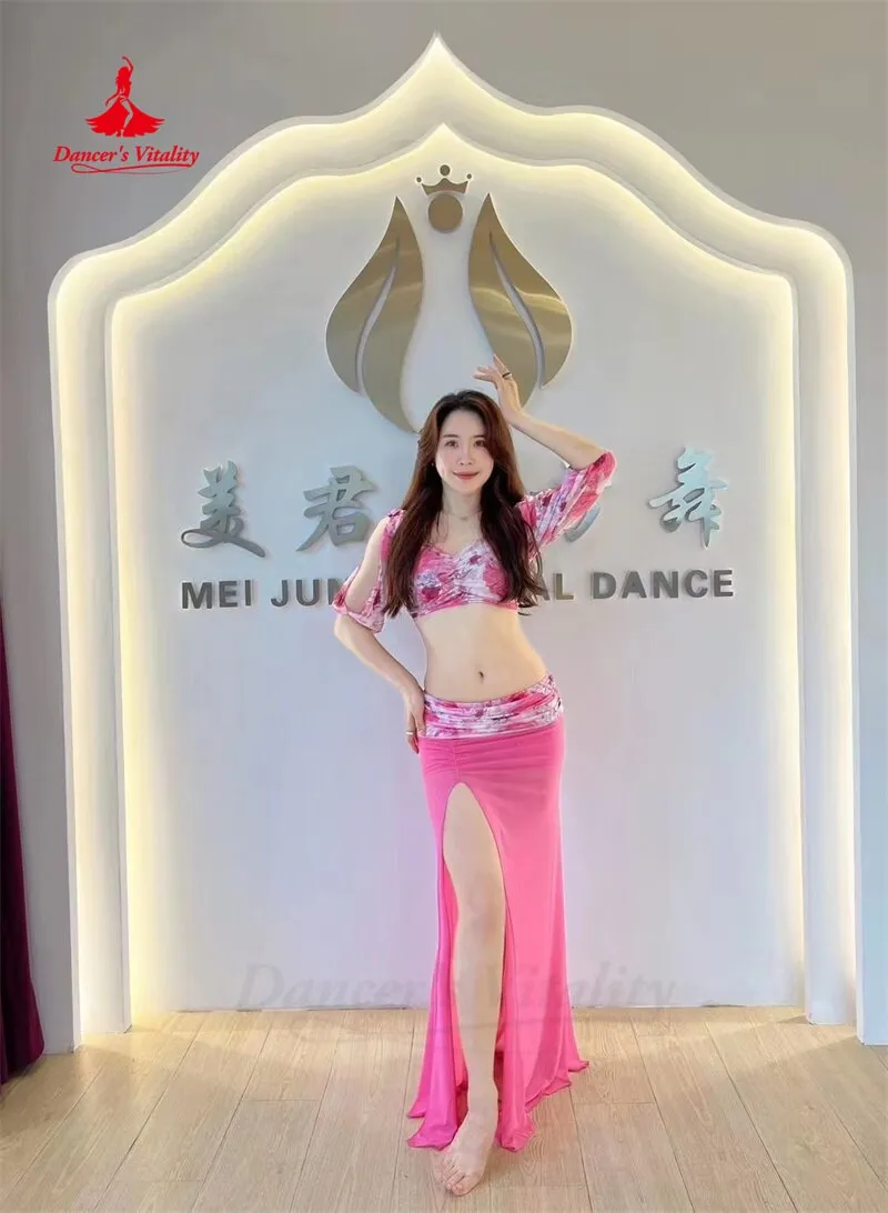 Belly Dance Practice Clothes Suit Mesh Printing Half Sleeves Top long Skirt 2pcs for Women Belly Dancing Training Suit