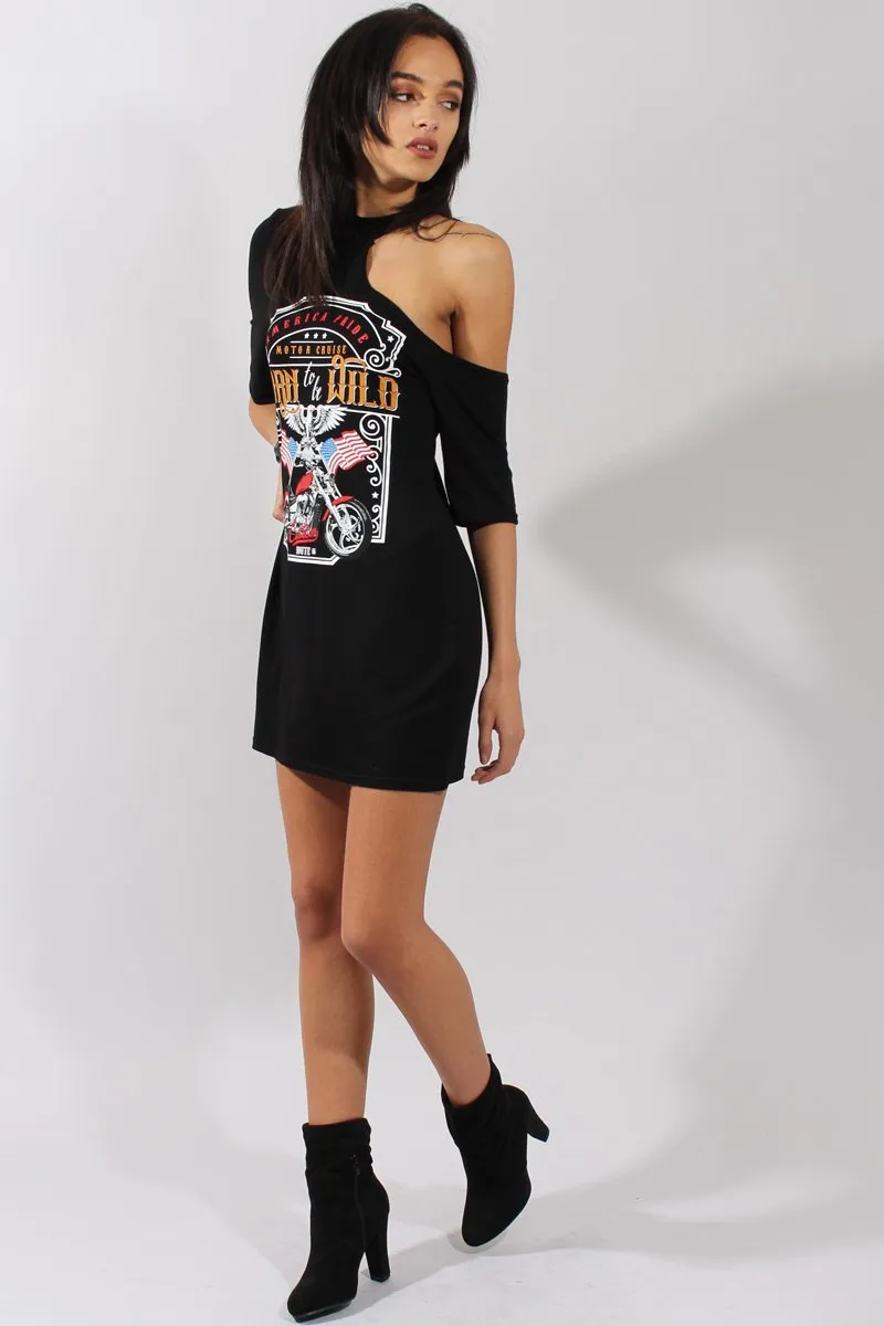 Black Born To Be Wild Cut Out Shoulder T-Shirt Dress - Lorelei