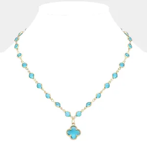 Blue Quatrefoil Pendant Pointed Rhinestone Bezel Station Necklace