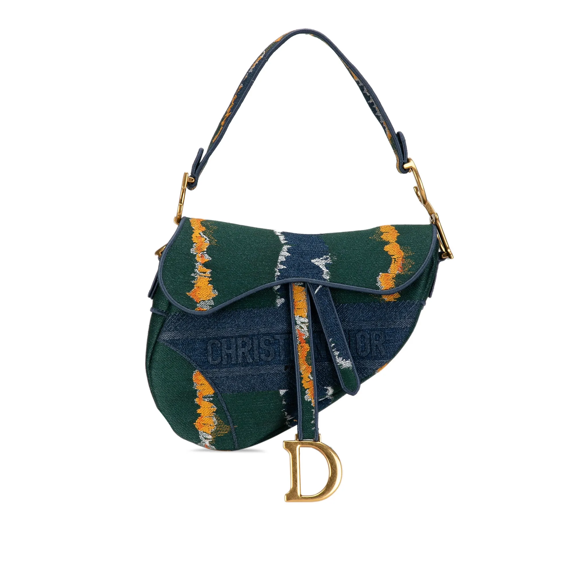 Dior Saddle Bag Medium Green Embroidered Canvas