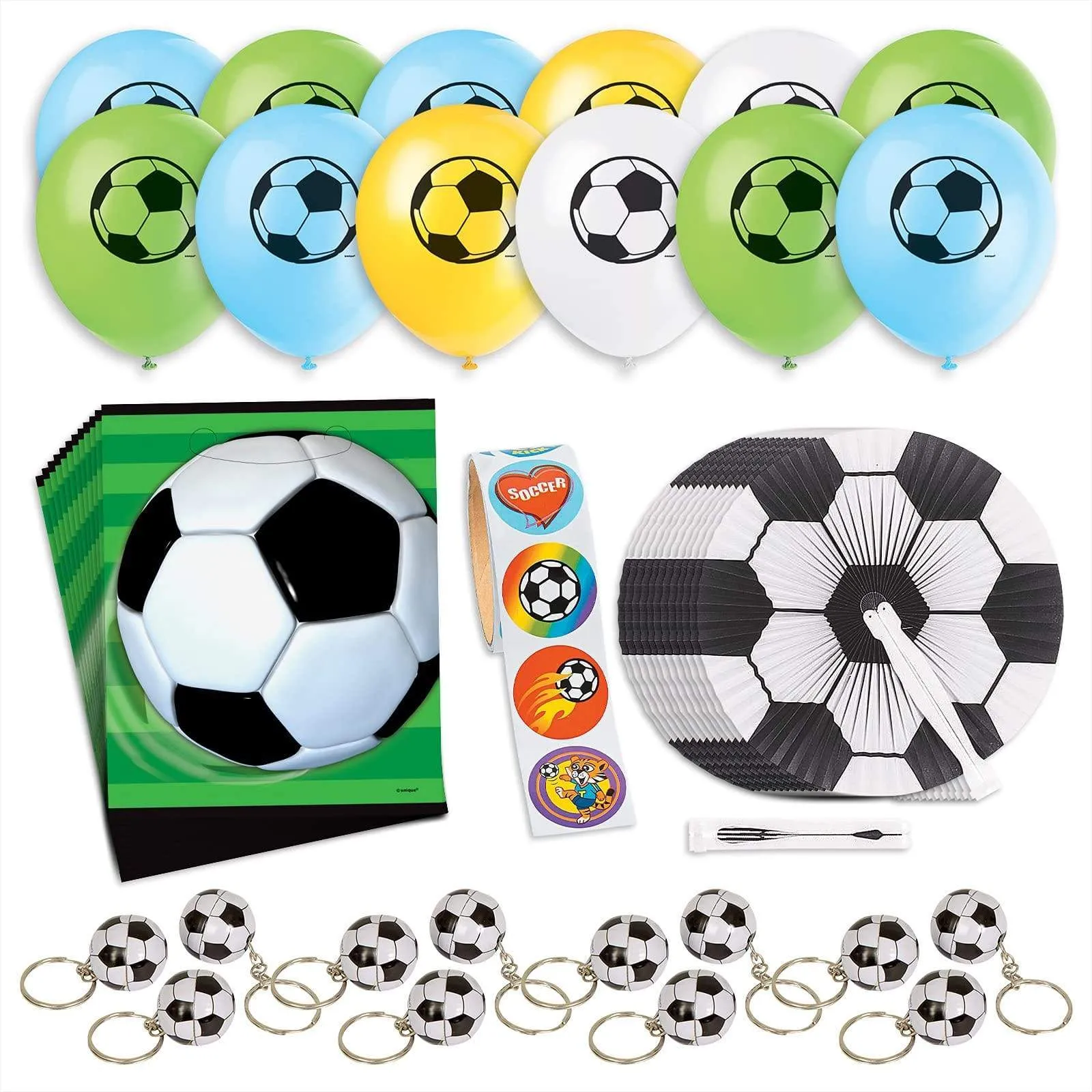 Soccer Party Favors - Soccer Ball Goody Bags, Keychains, Paper Fans, Stickers, and Balloons for 12 Guests