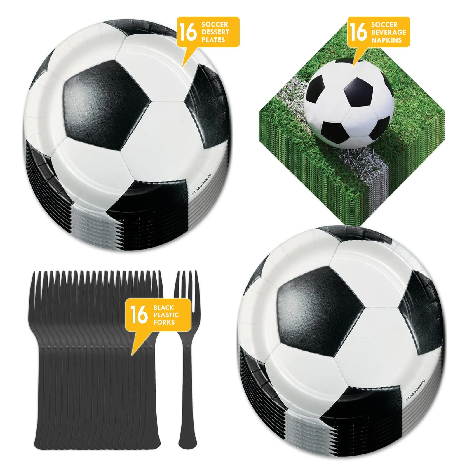 Soccer Party Supplies Dessert Plates, Napkins, and Forks (Serves 16)