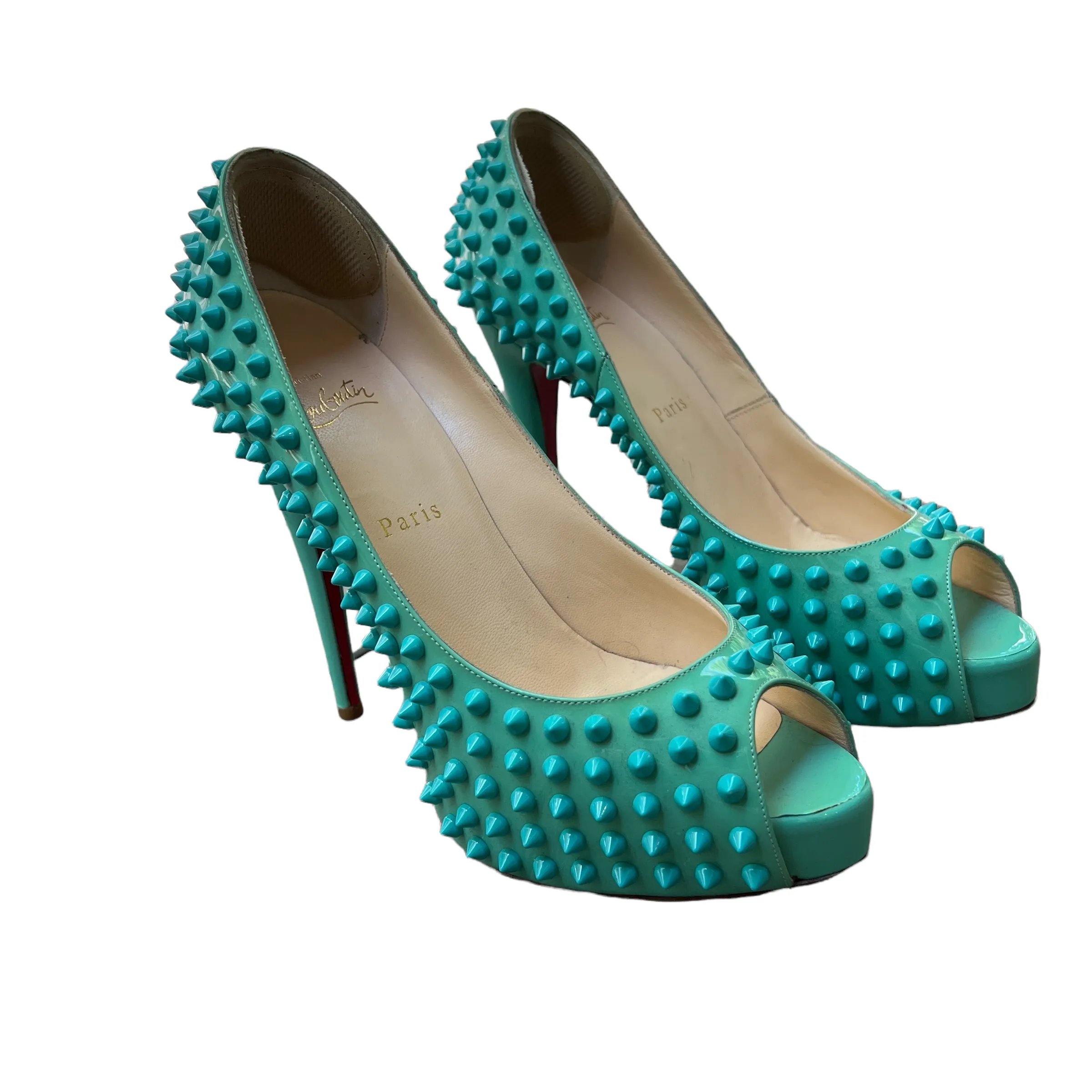 Turquoise Spikes Platform Heels - 10