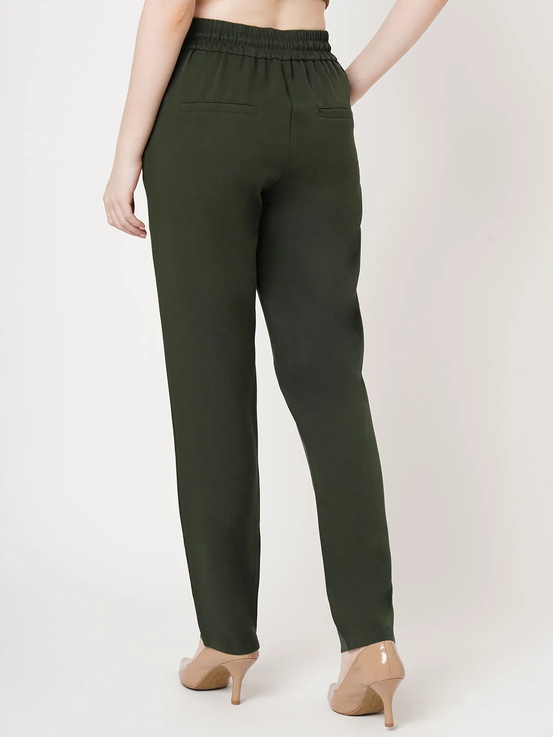 Women Olive Mid-Rise Slim Fit Trouser