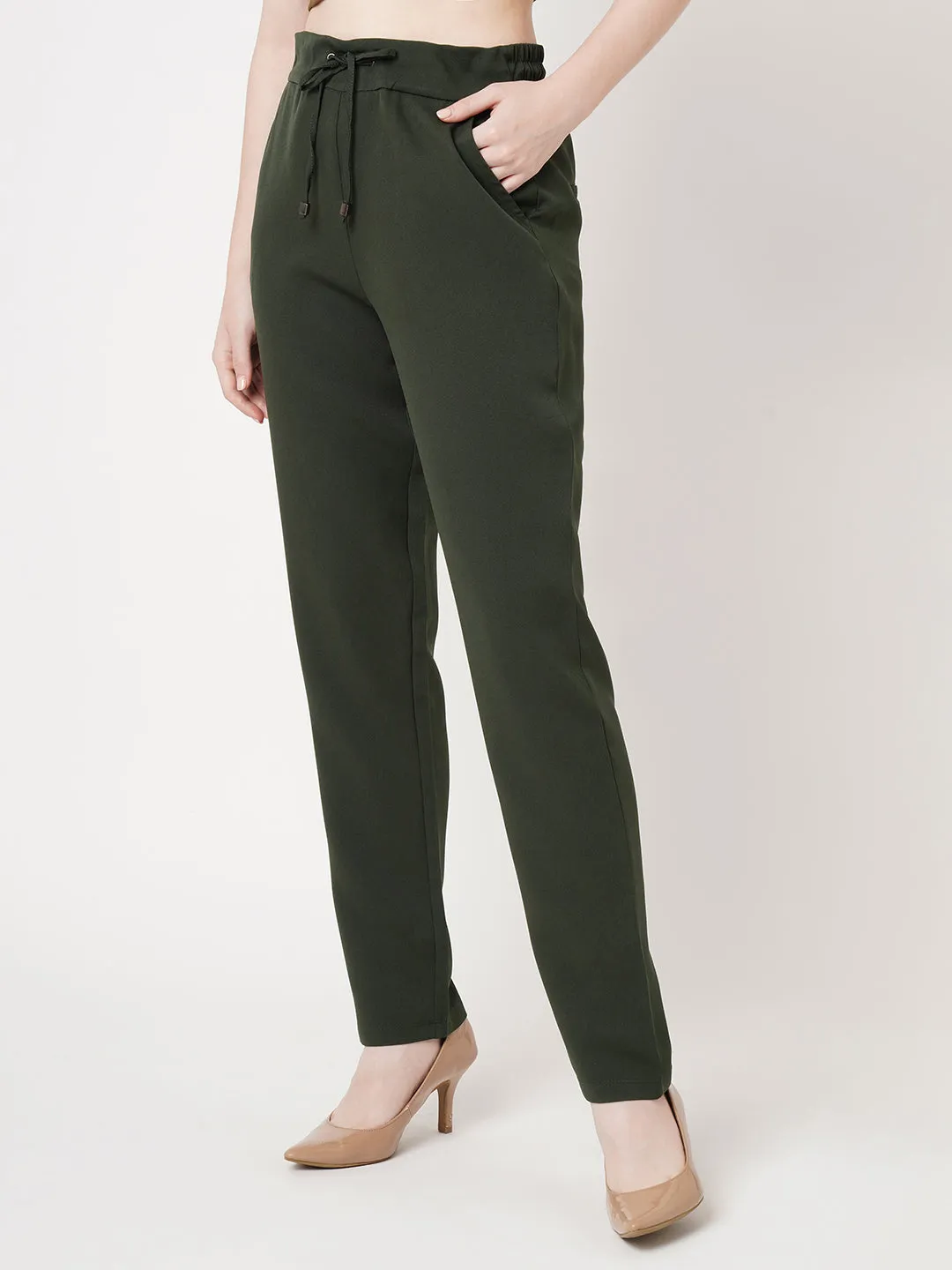 Women Olive Mid-Rise Slim Fit Trouser